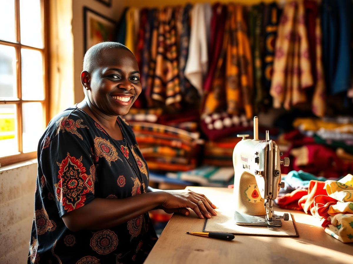African tailor smiling at her sewing machine in a fabric-filled workshop