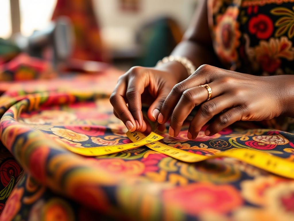 African tailor measuring patterned fabric with a tape measure