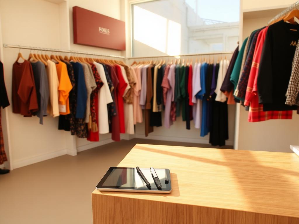 Modern boutique interior with racks of colourful clothing