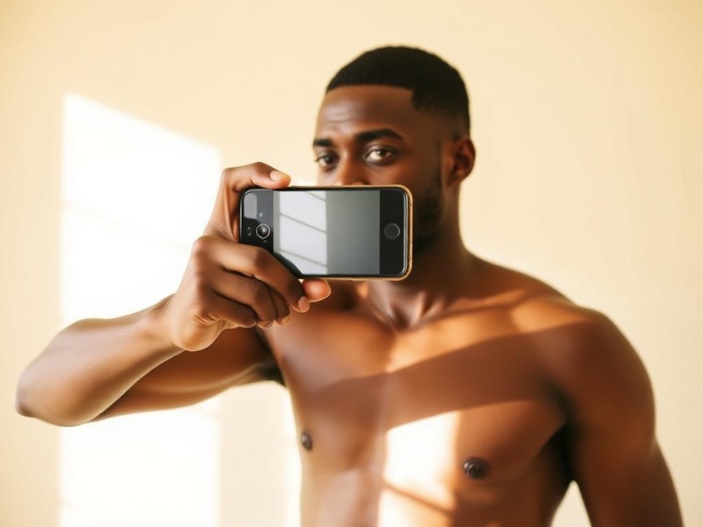Young African man scanning his body with a smartphone