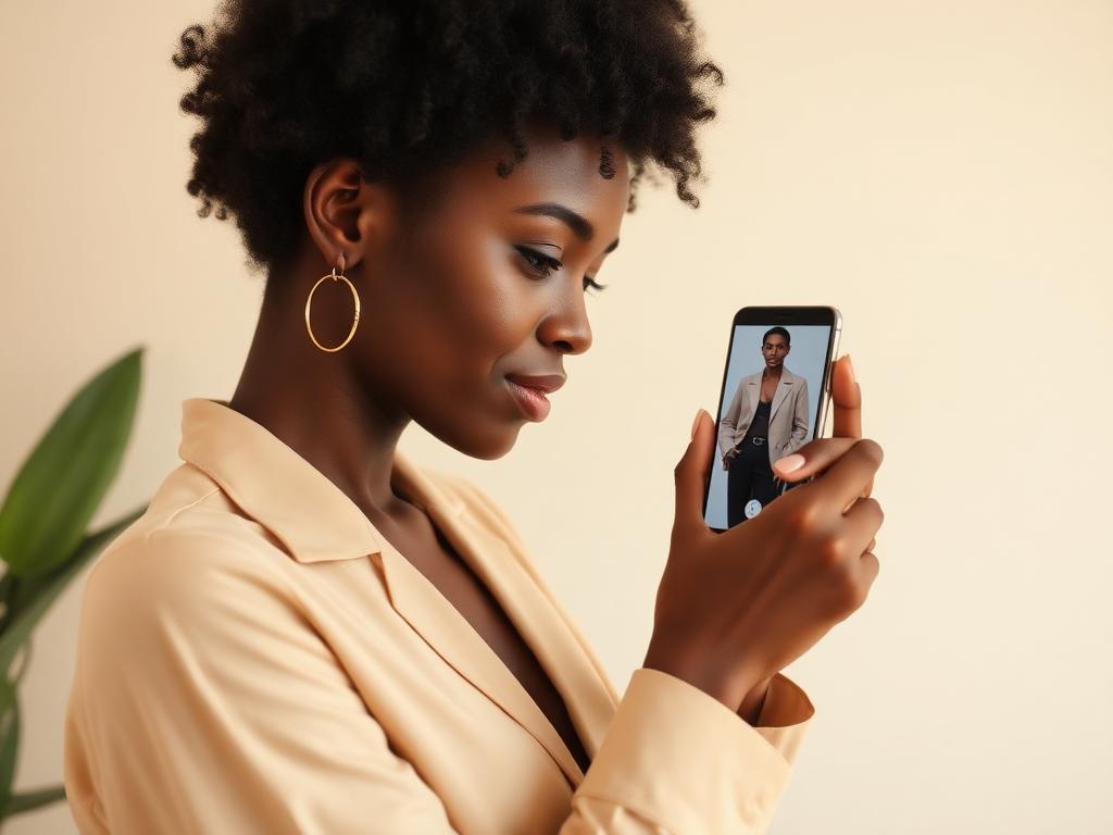 African woman previewing a virtual try-on outfit on her phone