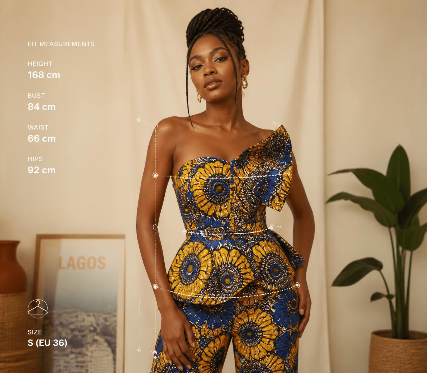 Young African woman in Ankara print outfit with FitLabs AI body measurements overlaid