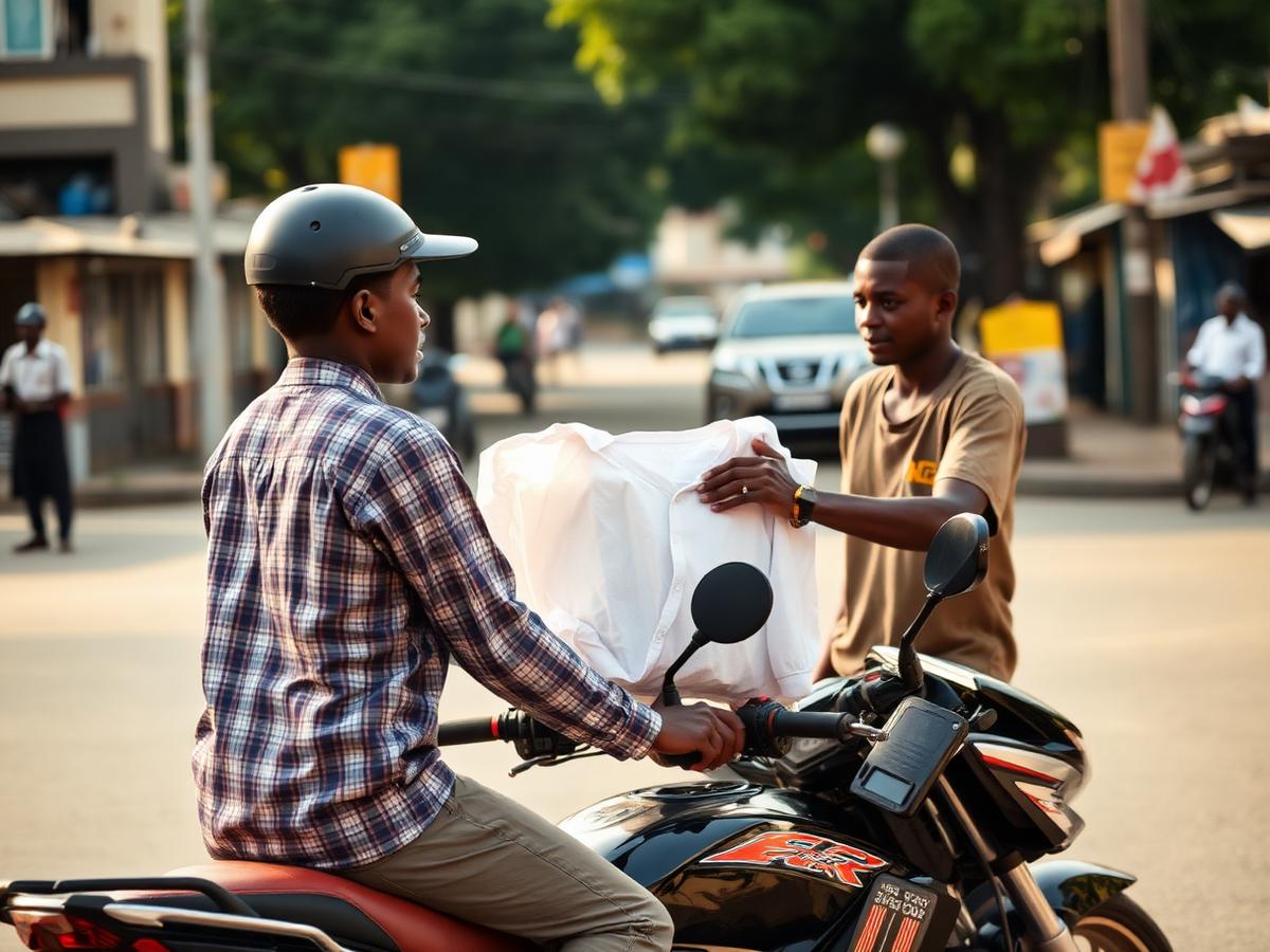 Motorcycle courier delivering a garment package to a customer on an African street
